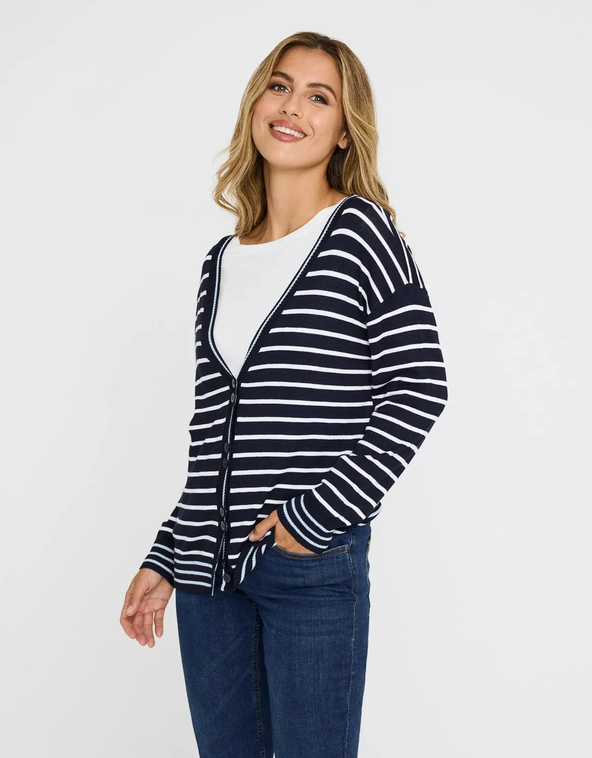 Navy Blue Striped Knit Cardigan Bertola