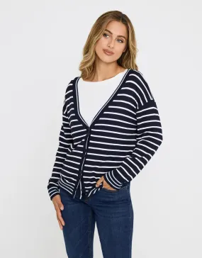 Navy Blue Striped Knit Cardigan Bertola