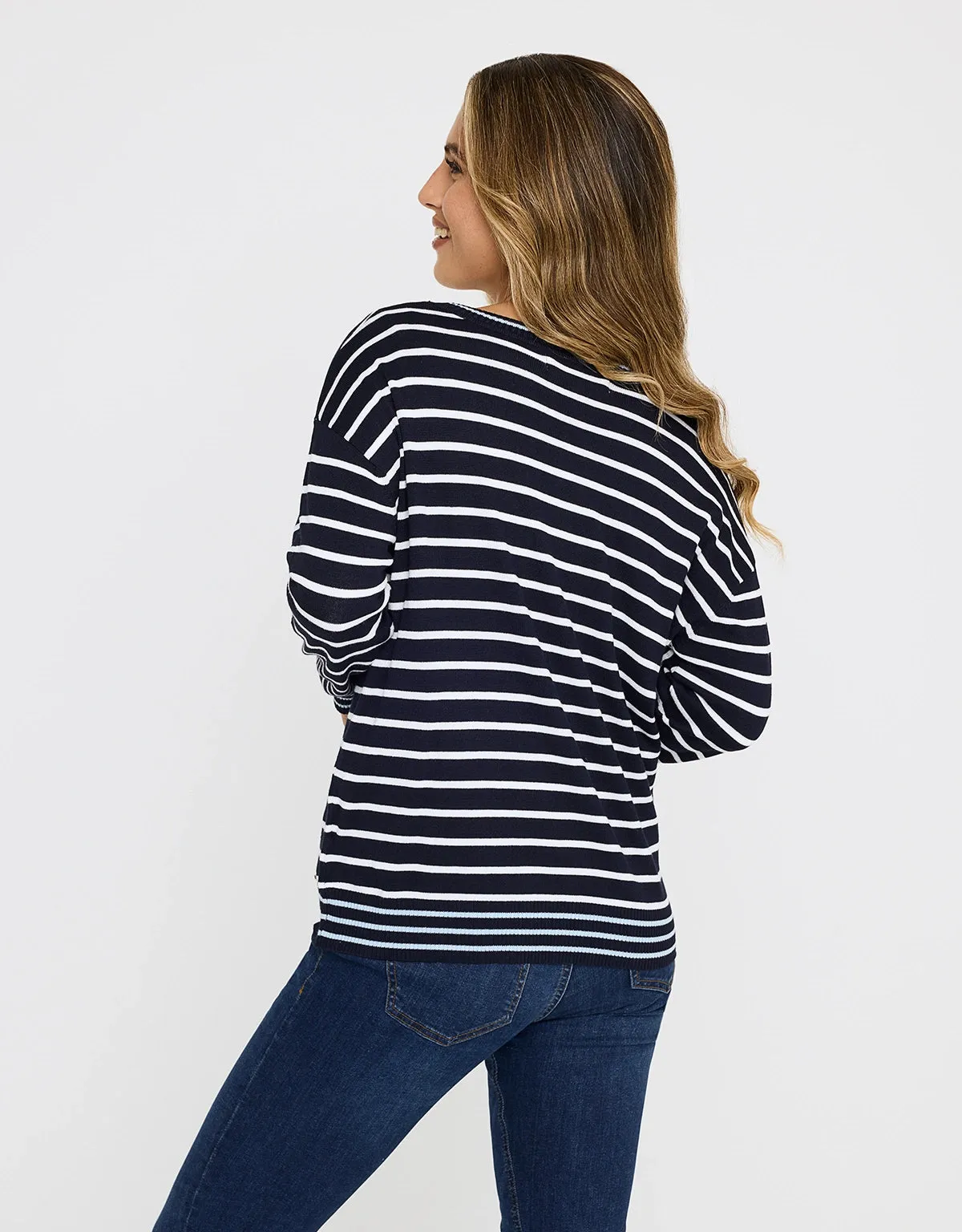 Navy Blue Striped Knit Cardigan Bertola