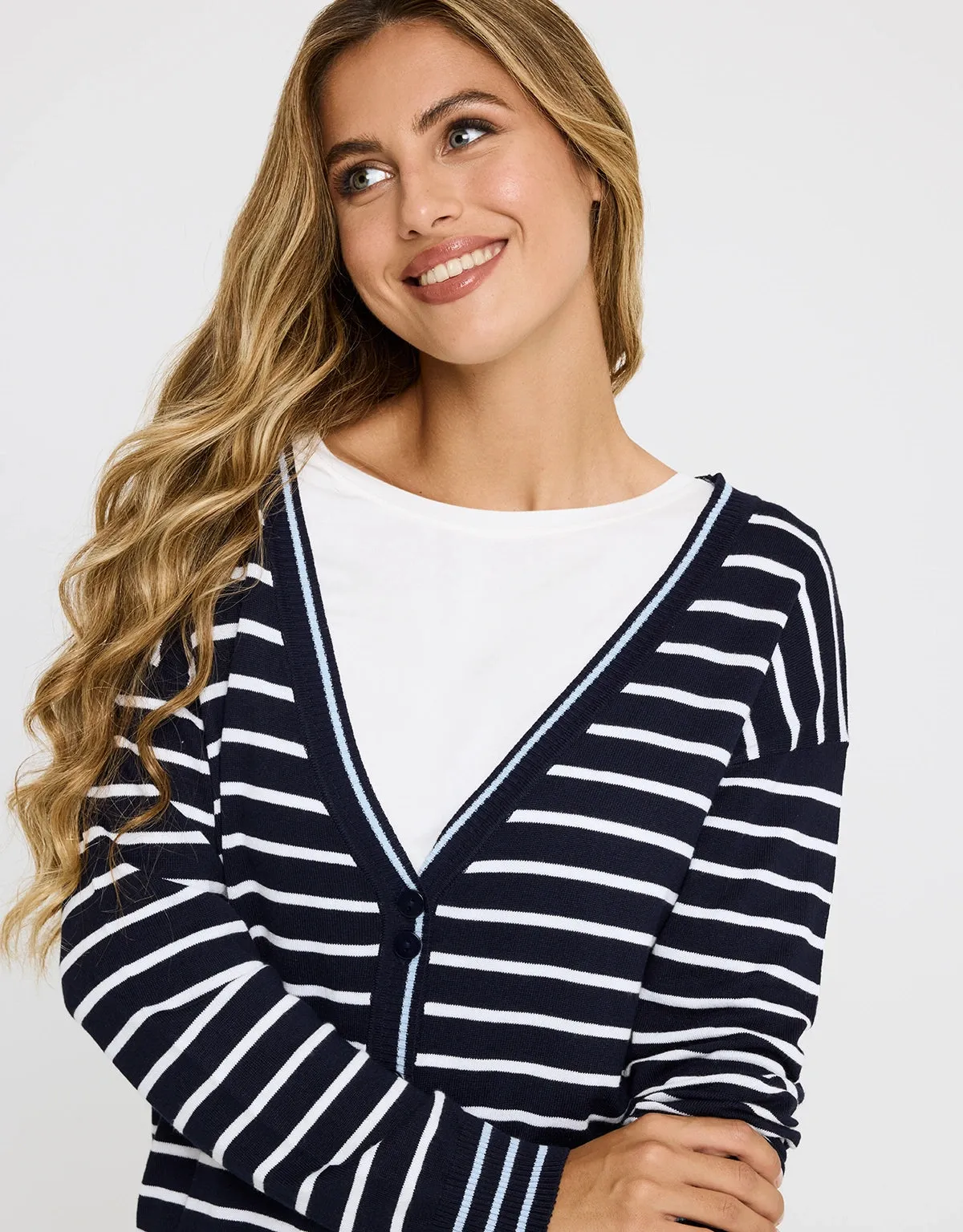 Navy Blue Striped Knit Cardigan Bertola