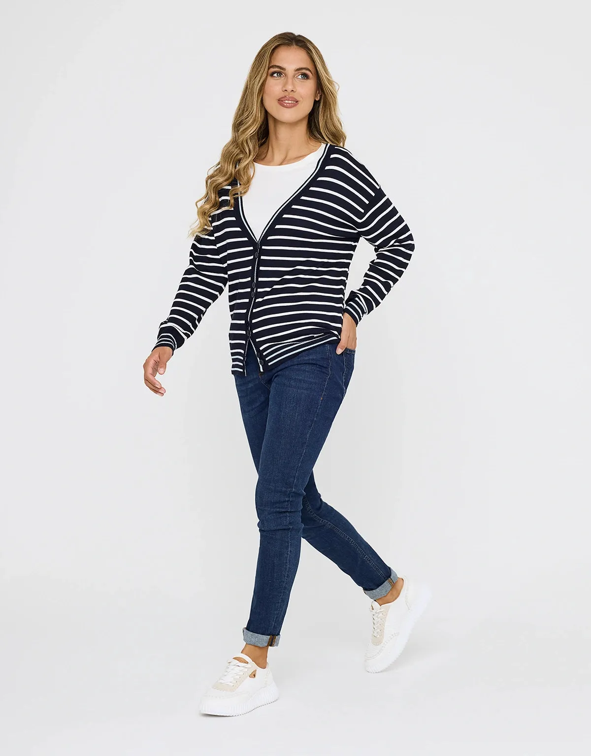 Navy Blue Striped Knit Cardigan Bertola