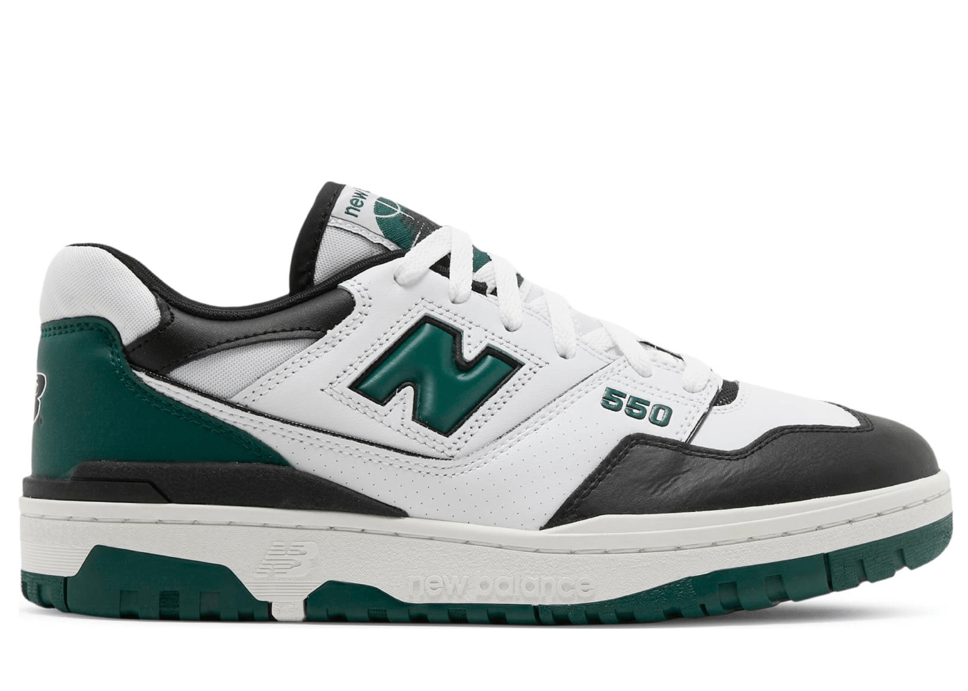 New Balance 550 sneakers in white, green, and black.