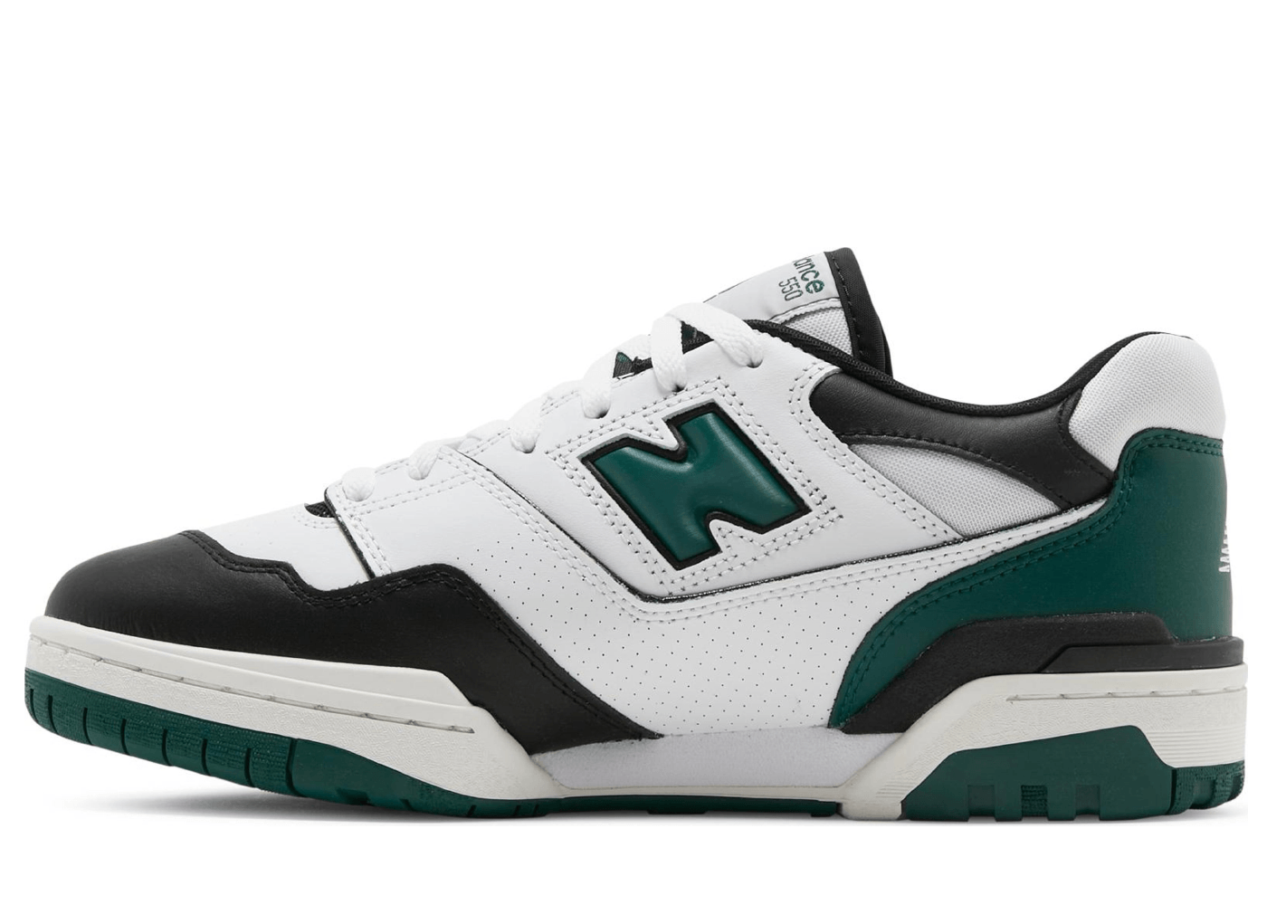 New Balance 550 sneakers in white, green, and black.