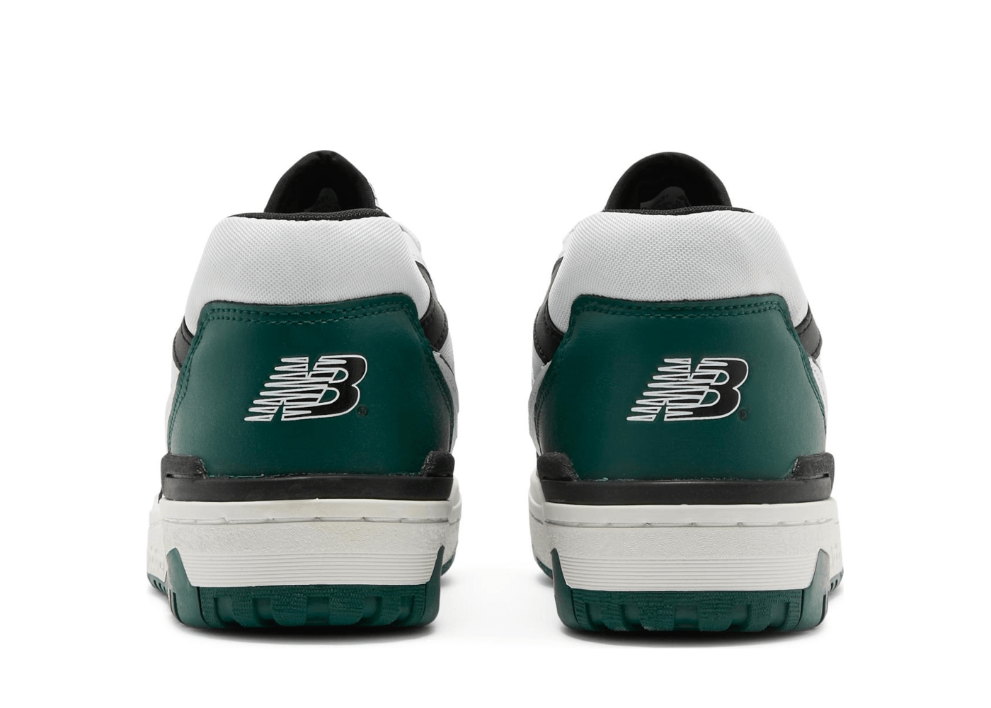 New Balance 550 sneakers in white, green, and black.