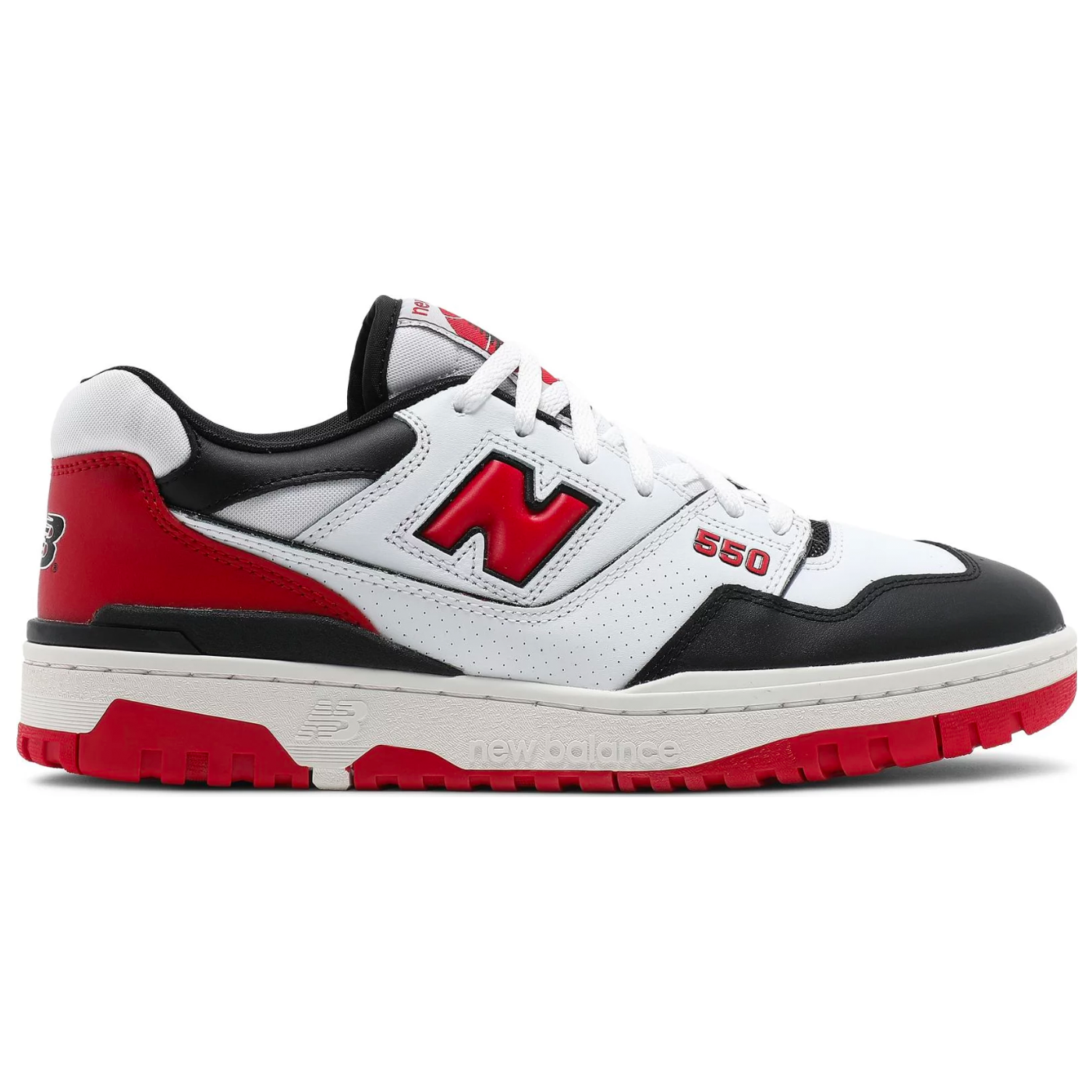 New Balance 550 sneakers in white, red, and black color.