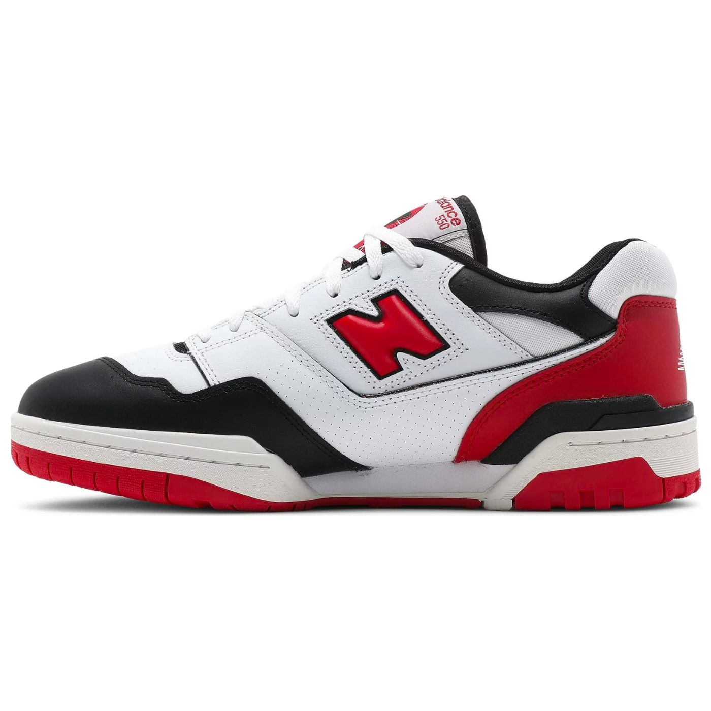 New Balance 550 sneakers in white, red, and black color.