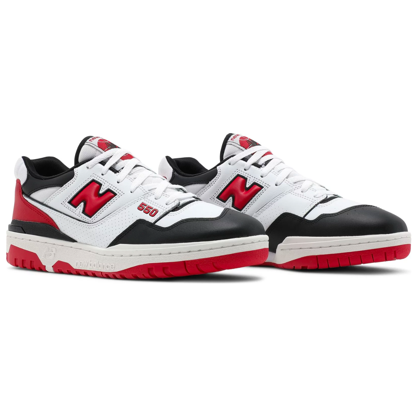 New Balance 550 sneakers in white, red, and black color.