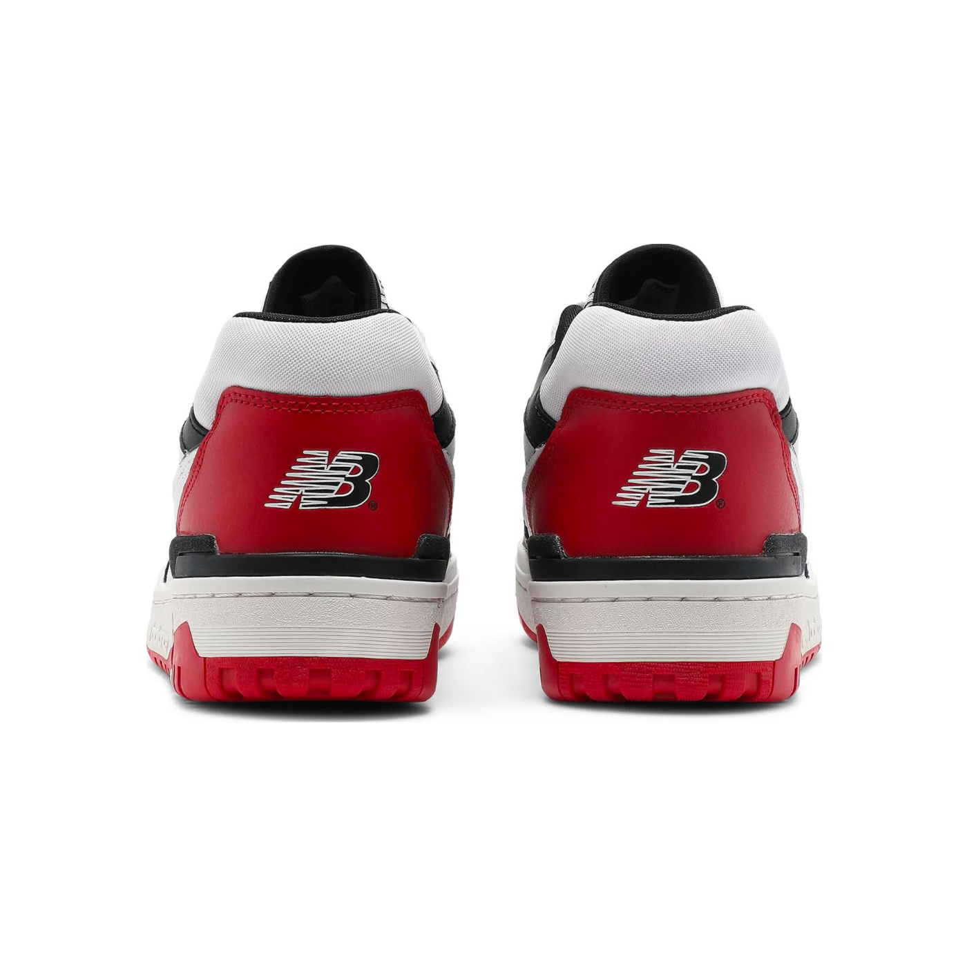 New Balance 550 sneakers in white, red, and black color.