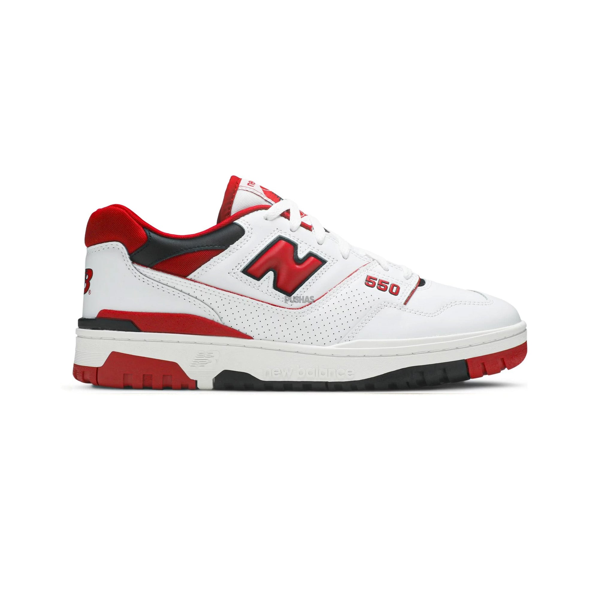 New Balance 550 sneakers, white and red colorway available in 2022.