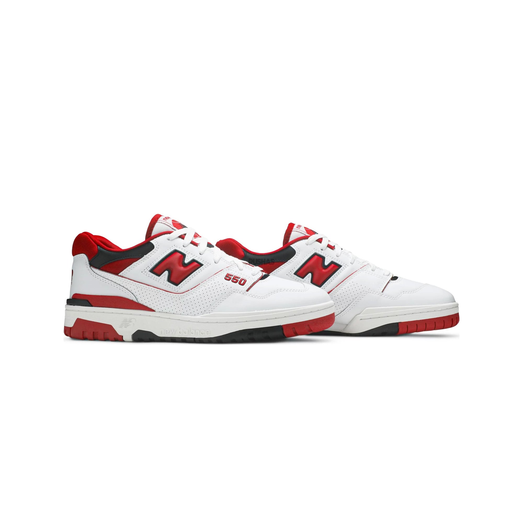 New Balance 550 sneakers, white and red colorway available in 2022.