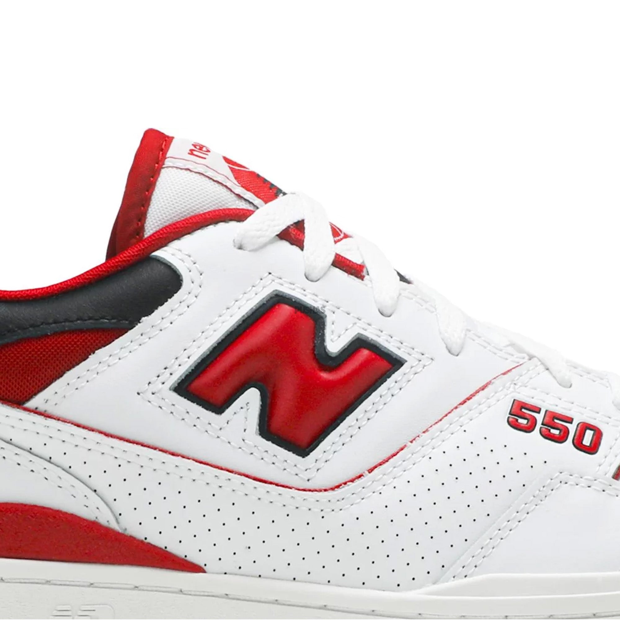 New Balance 550 sneakers, white and red colorway available in 2022.