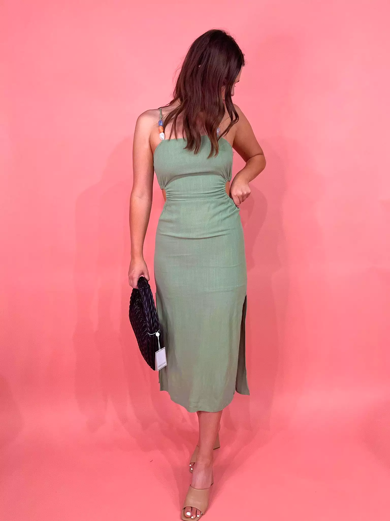 Olive spaghetti strap midi dress