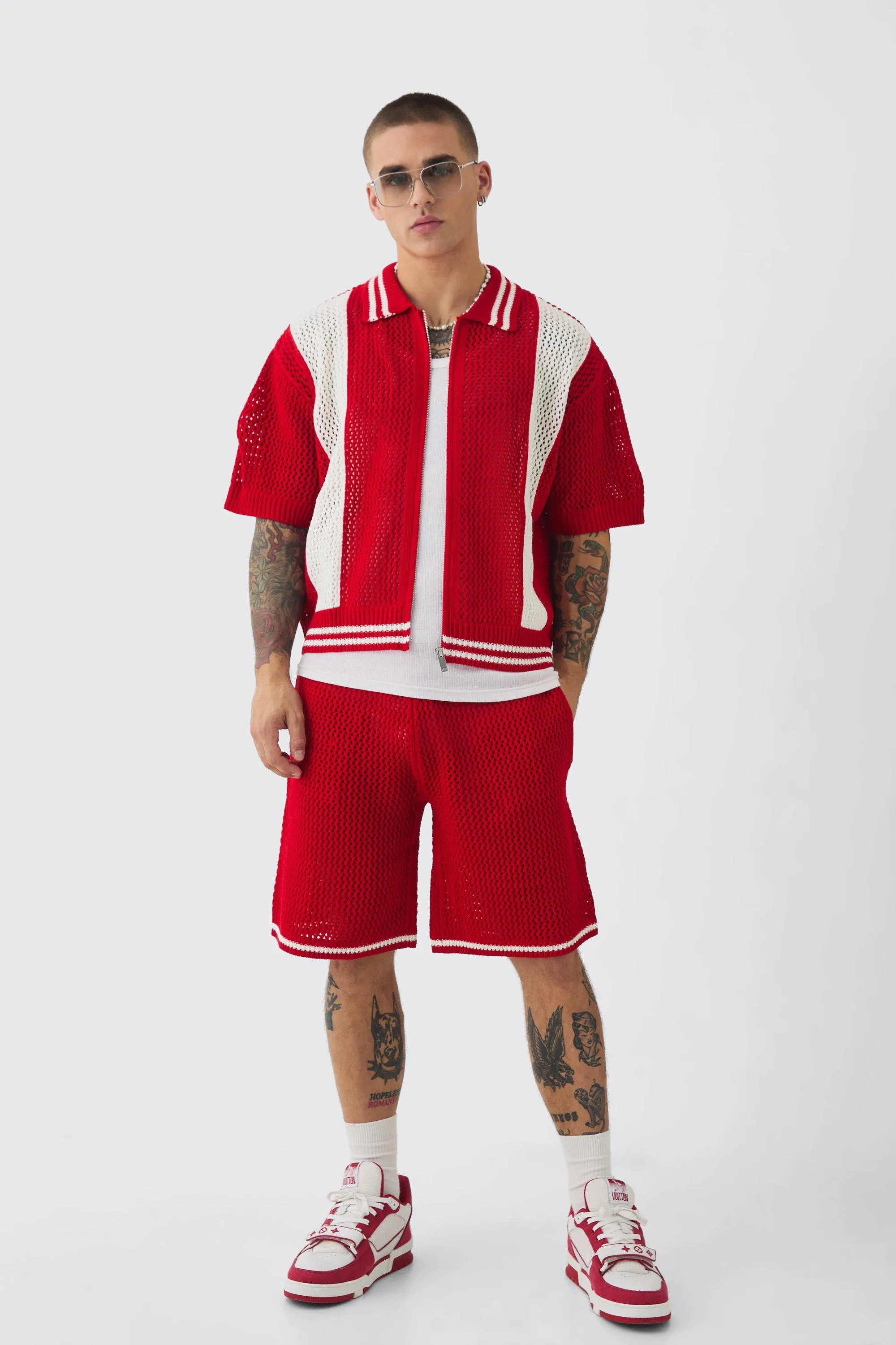 Oversized Boxy Open Stitch Zip Shirt Short Set boohooMAN UK