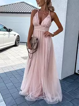 Pink and green lace spaghetti strap maxi dress for women