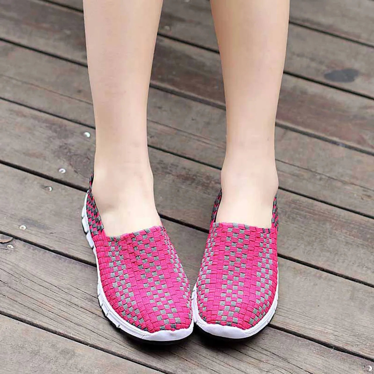 Pink slip on sneaker in checkered weave design