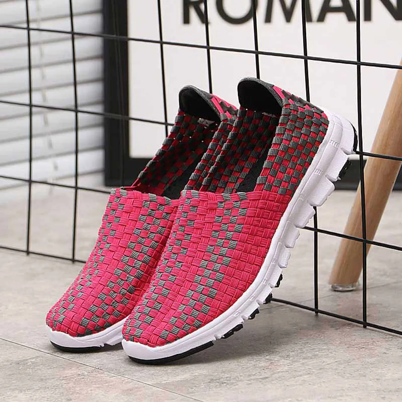 Pink slip on sneaker in checkered weave design