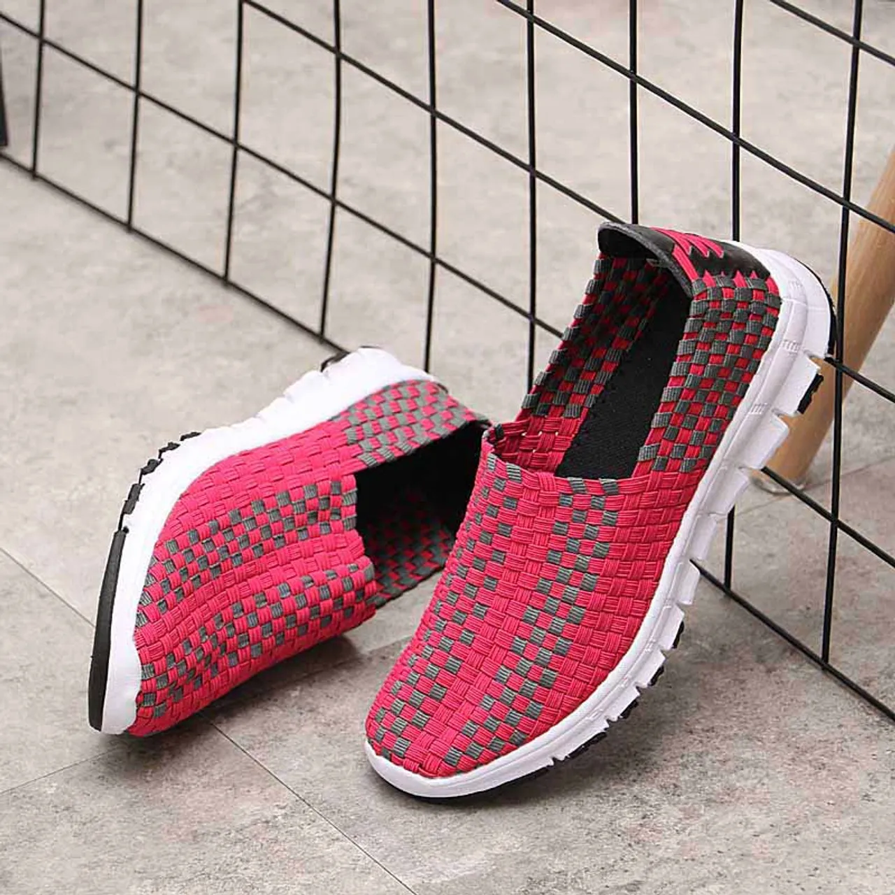 Pink slip on sneaker in checkered weave design