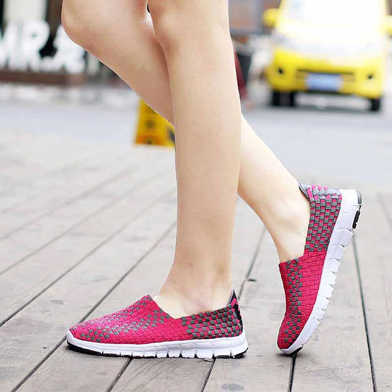 Pink slip on sneaker in checkered weave design