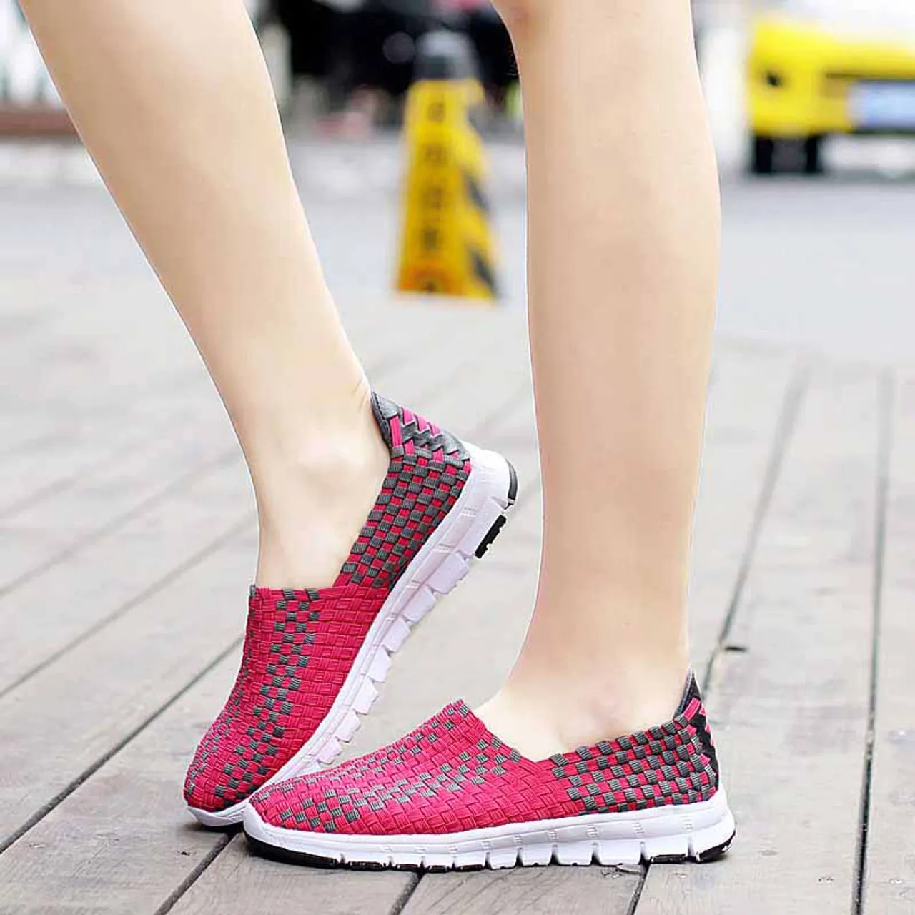 Pink slip on sneaker in checkered weave design