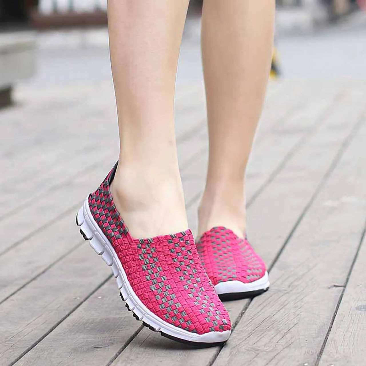 Pink slip on sneaker in checkered weave design