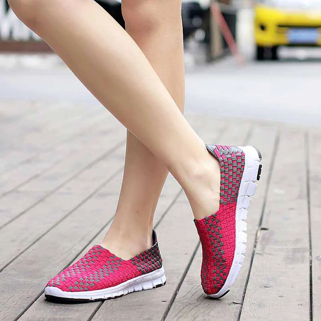 Pink slip on sneaker in checkered weave design