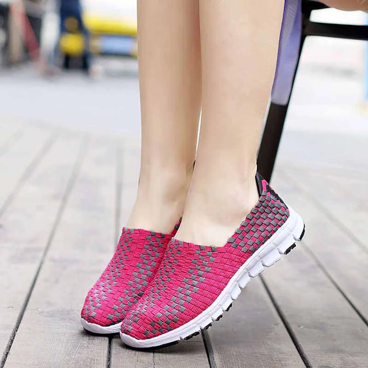 Pink slip on sneaker in checkered weave design