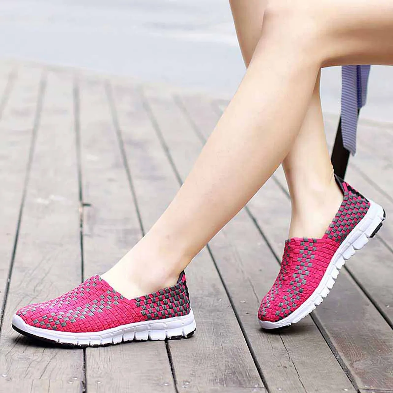 Pink slip on sneaker in checkered weave design