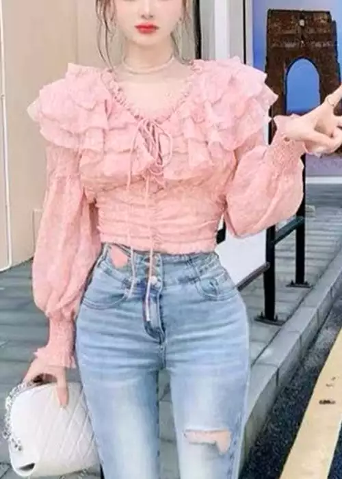 Pink Ruffled Lace Up Chiffon Blouses Long Sleeve