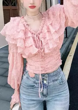 Pink Ruffled Lace Up Chiffon Blouses Long Sleeve