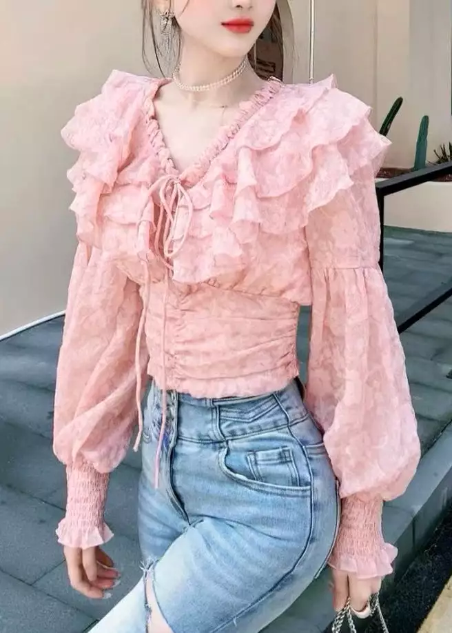 Pink Ruffled Lace Up Chiffon Blouses Long Sleeve