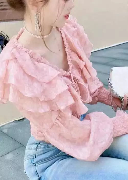 Pink Ruffled Lace Up Chiffon Blouses Long Sleeve