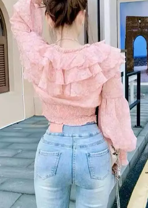 Pink Ruffled Lace Up Chiffon Blouses Long Sleeve