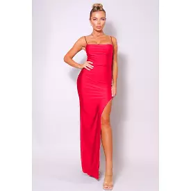 Pleated Maxi Dress with Front Slit and Spaghetti Straps