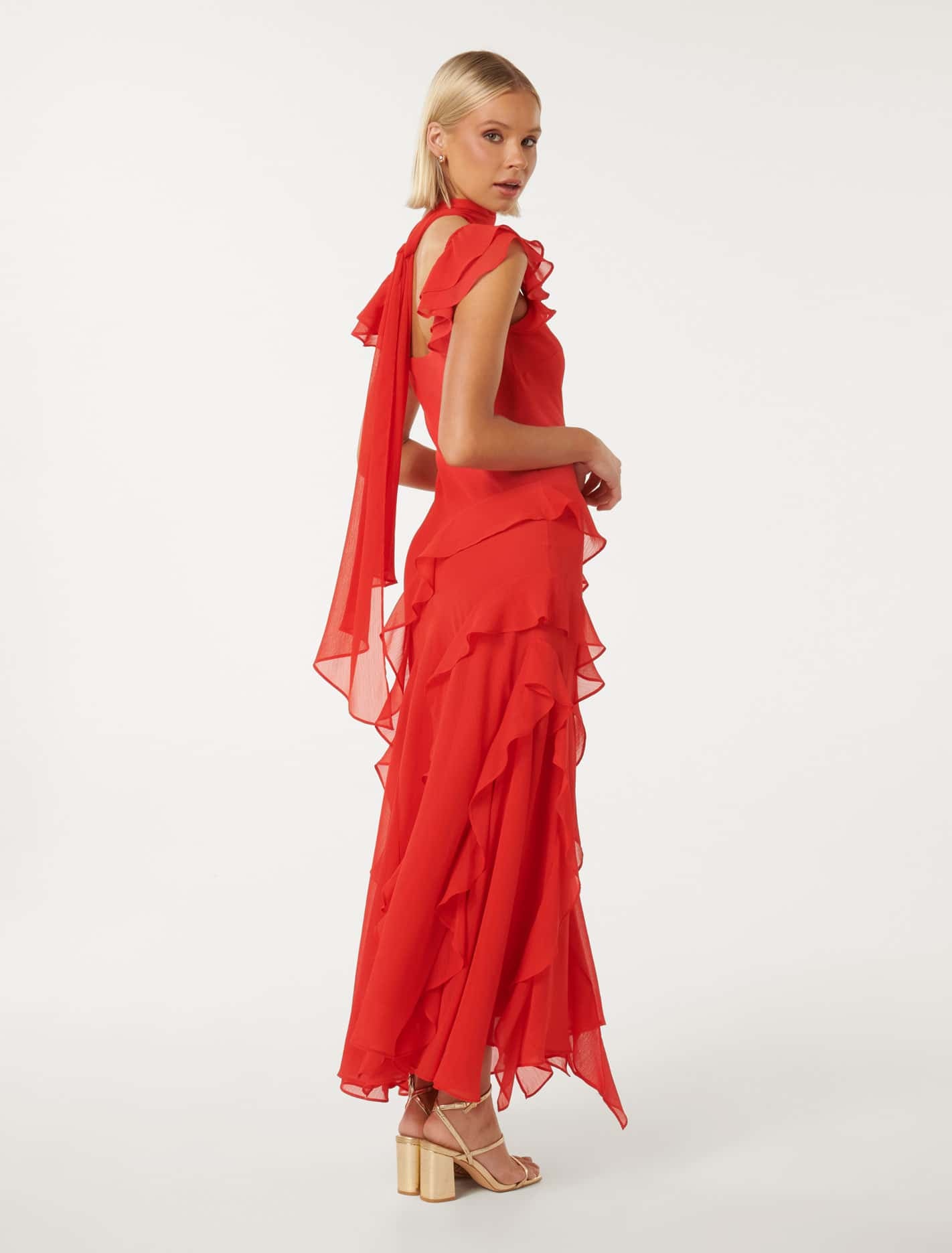 Polly Midi Dress with Ruffle Sleeves and Scarf.