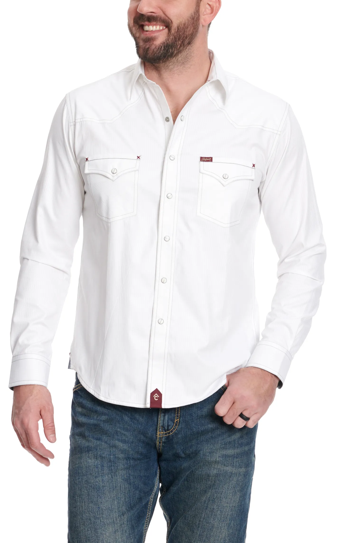 Rafter C Men's Red Dirt Collection White Dobby Charcoal Stitch Long Sleeve Western Shirt