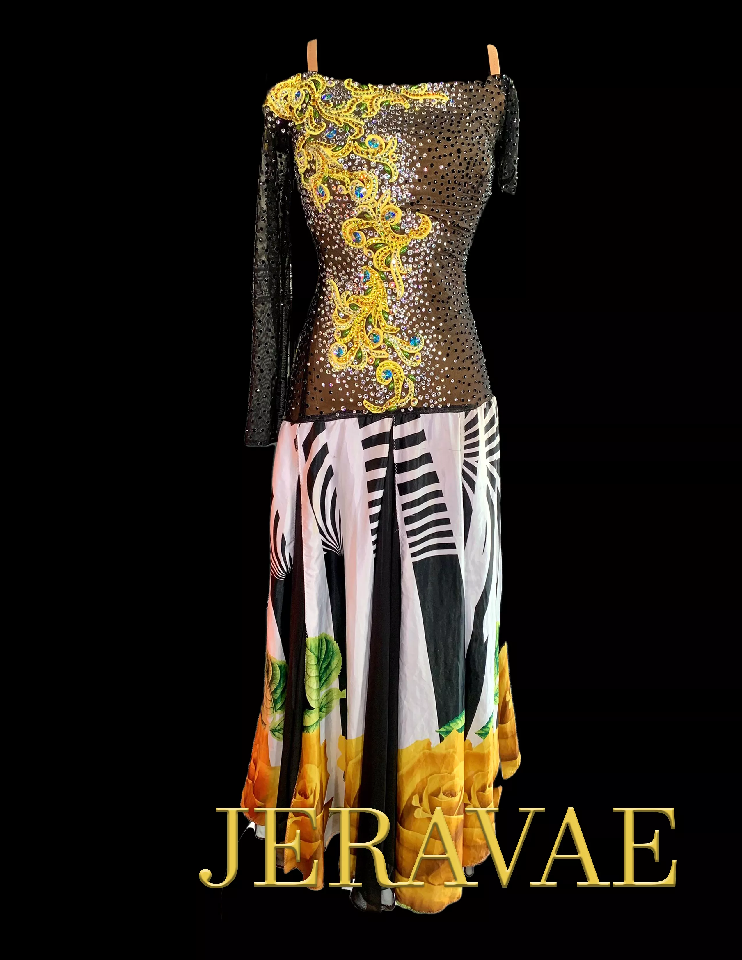 Resale Artistry in Motion Black Mesh Ballroom Dress with Yellow Lace Applique, Satin Chiffon Inserts, and Swarovski Stones