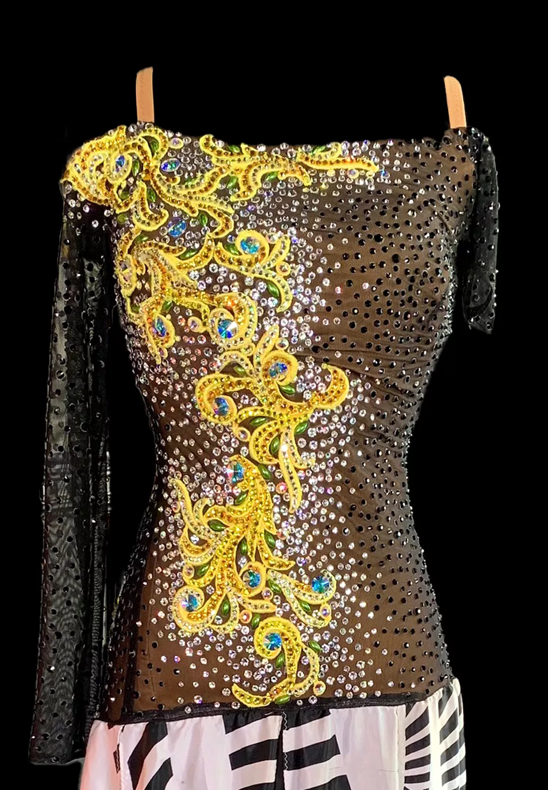 Resale Artistry in Motion Black Mesh Ballroom Dress with Yellow Lace Applique, Satin Chiffon Inserts, and Swarovski Stones