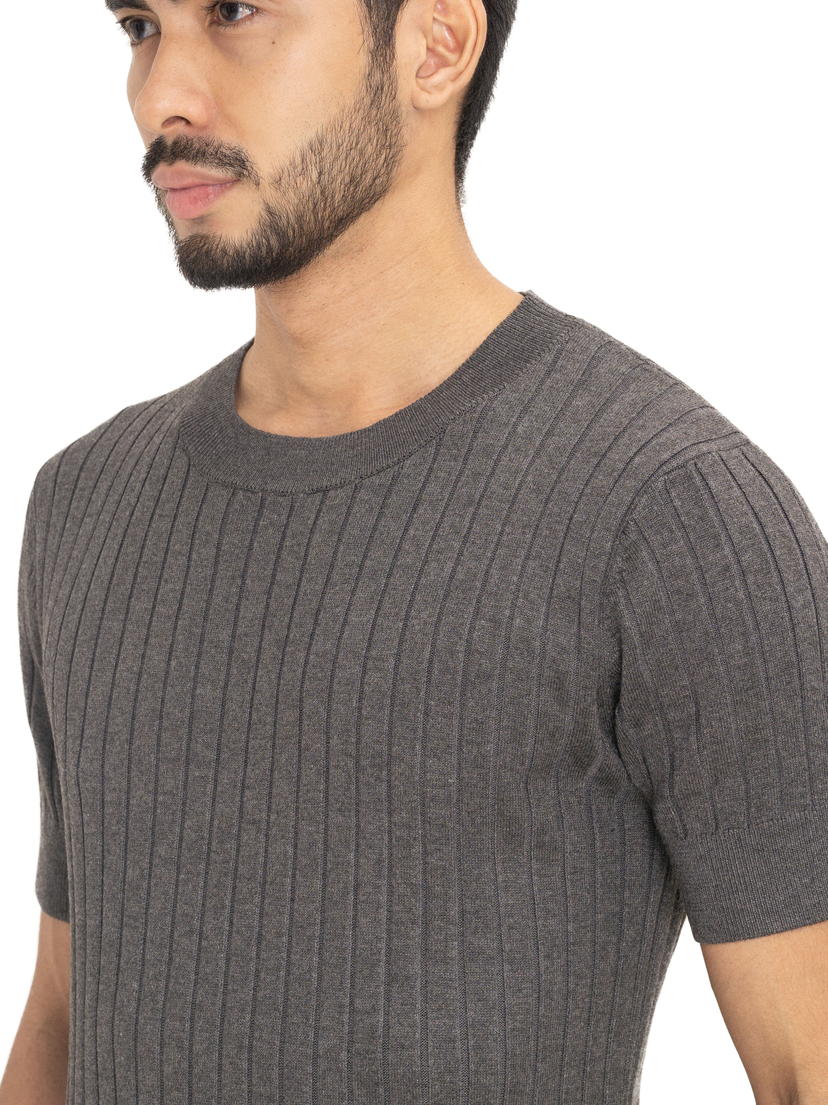 Ribbed Knit T-Shirt - Charcoal