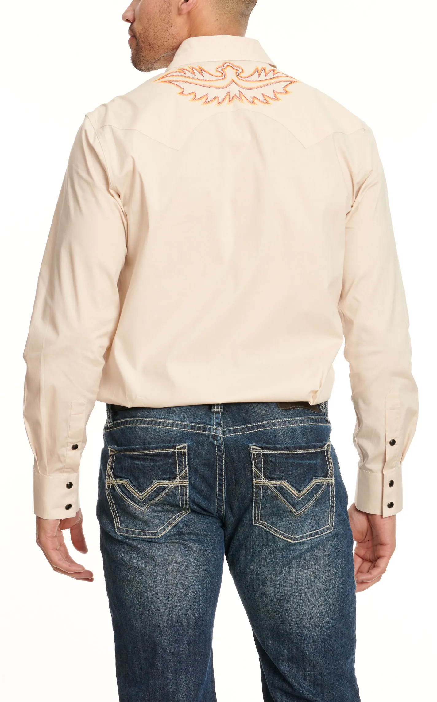 Rock and Roll Denim Men's Sandy Tan and Flaming Boot Stitch Long Sleeve Western Shirt