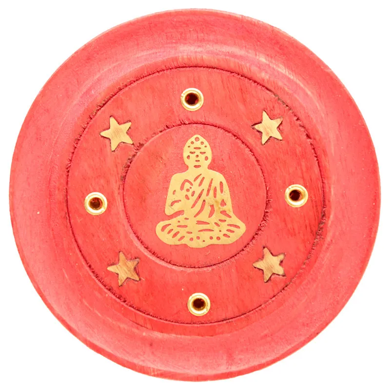 Round wooden incense burner with decorative Buddha design in red color - IF218