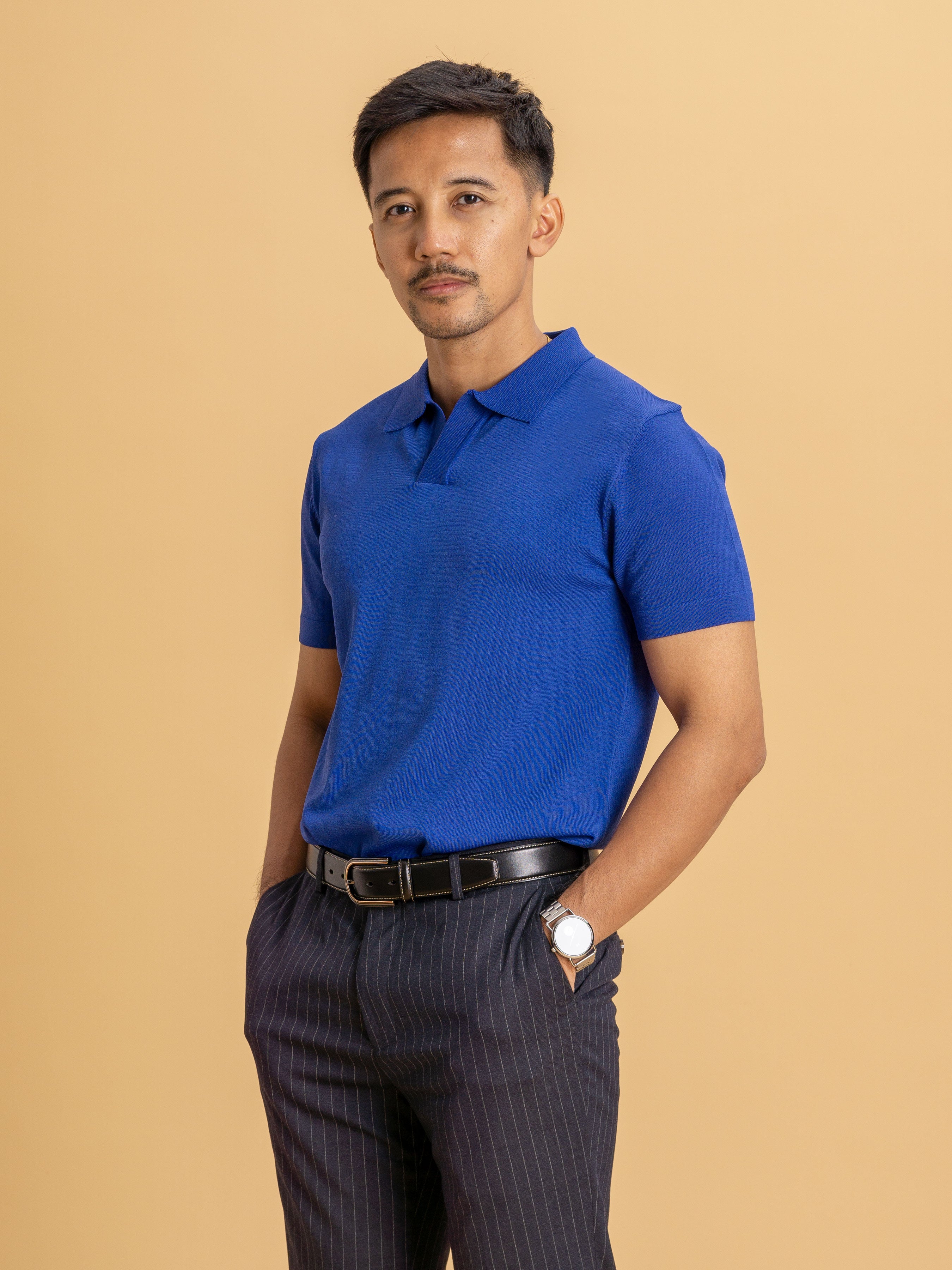 Royal Blue Knit Polo Tee with Open Collar