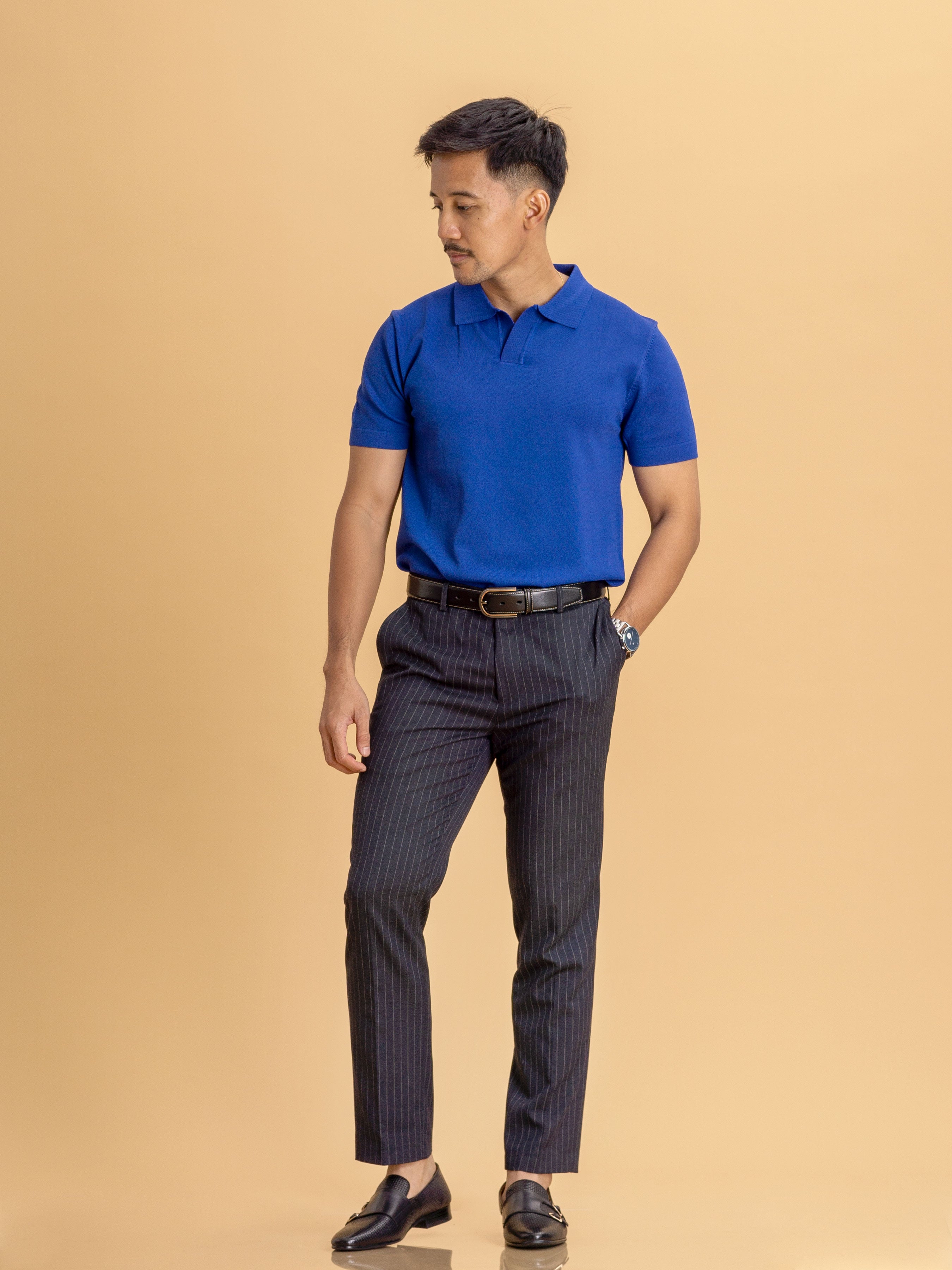 Royal Blue Knit Polo Tee with Open Collar