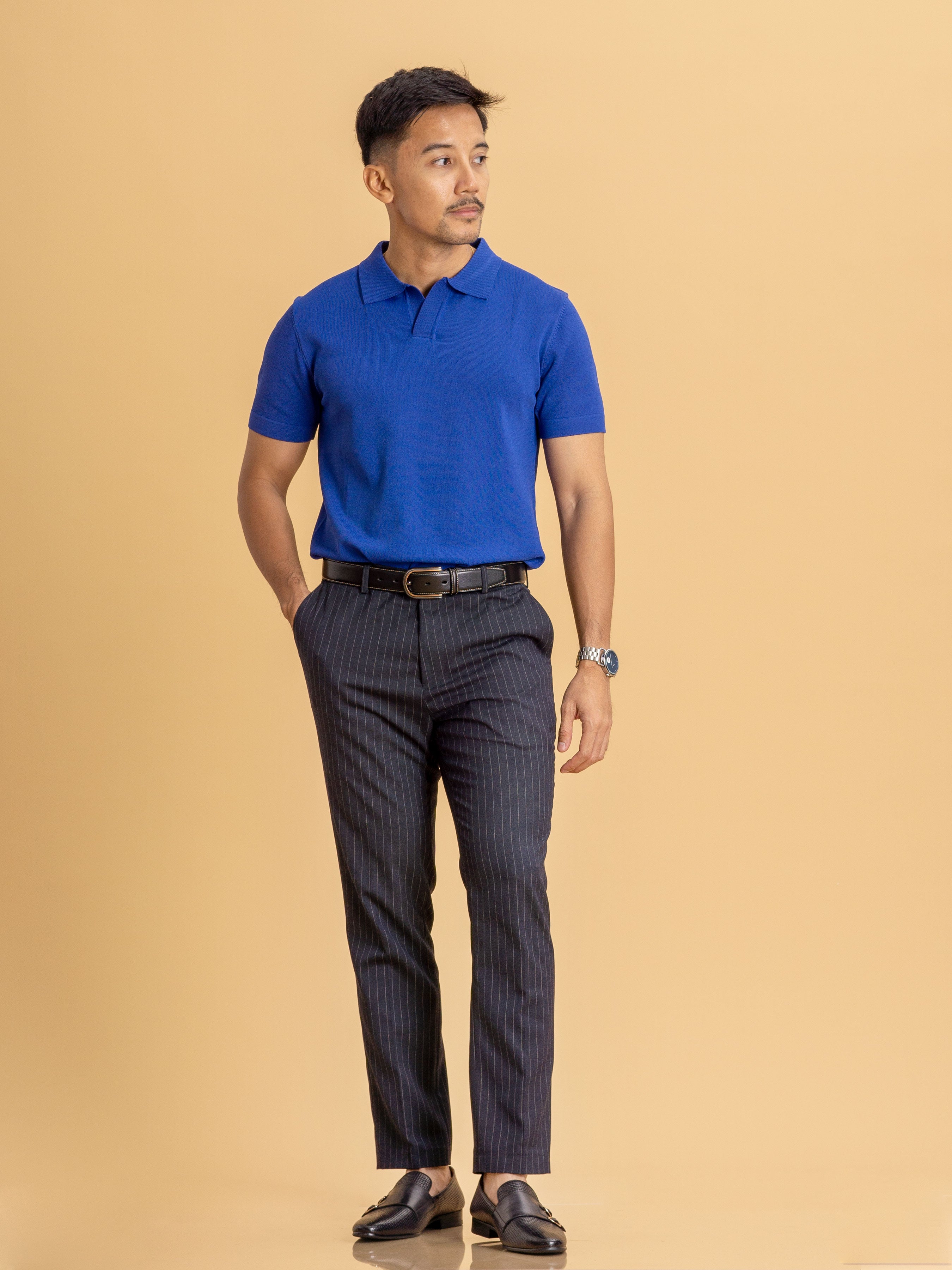 Royal Blue Knit Polo Tee with Open Collar