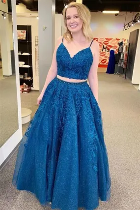 Royal Blue Two Piece Long Prom Dress with Spaghetti Straps and Lace