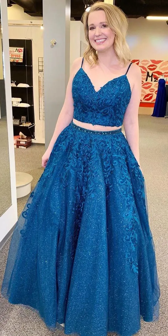 Royal Blue Two Piece Long Prom Dress with Spaghetti Straps and Lace