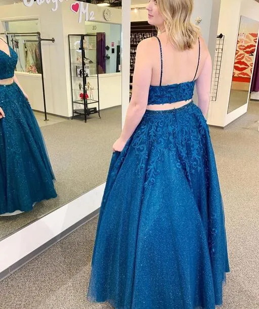 Royal Blue Two Piece Long Prom Dress with Spaghetti Straps and Lace