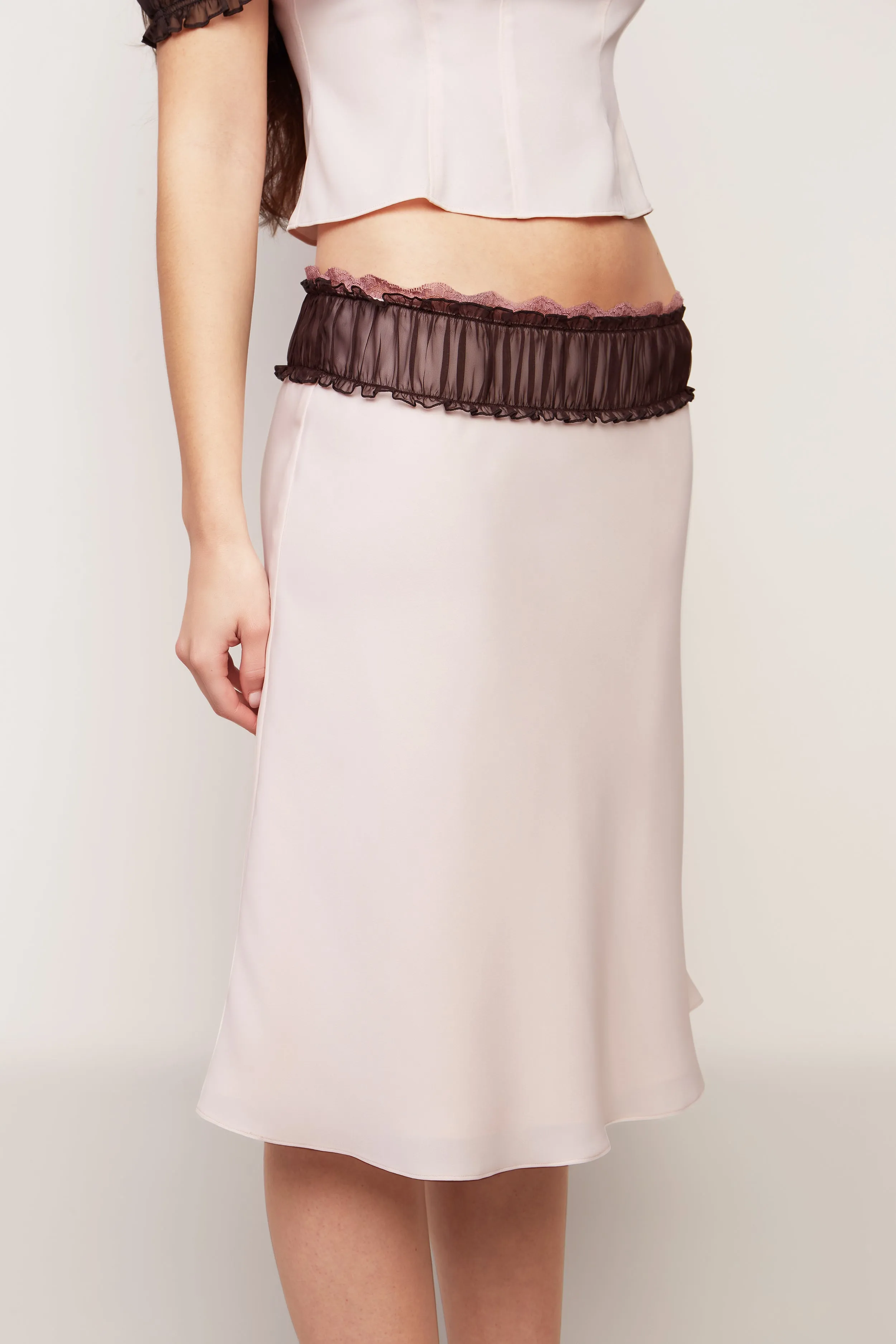 Chiffon Ruched Lace Midi Skirt