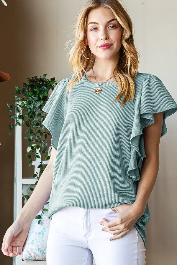 Ruffled Sleeve Ribbed Top