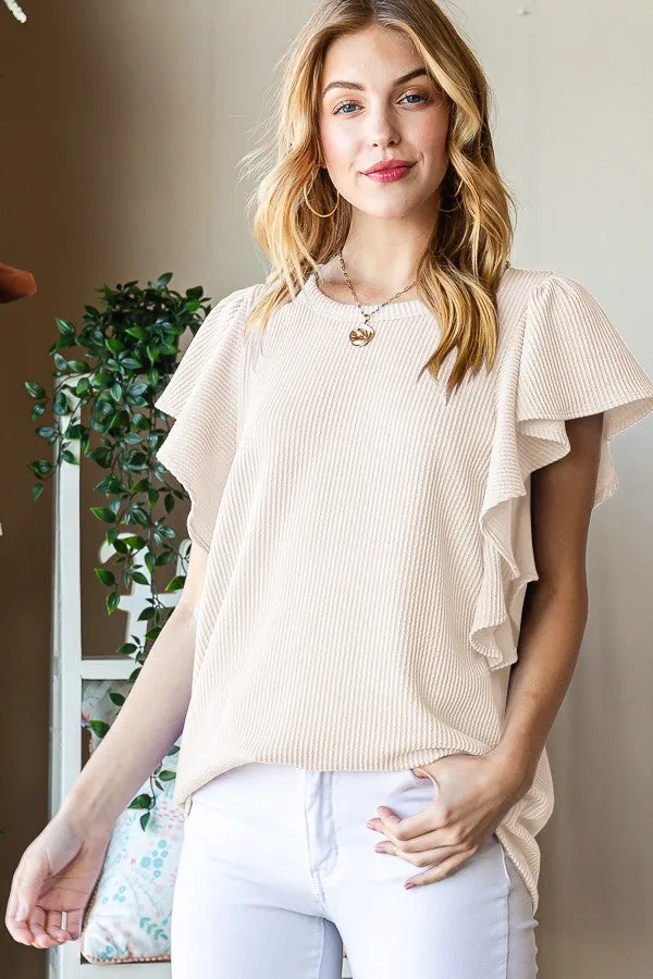 Ruffled Sleeve Ribbed Top