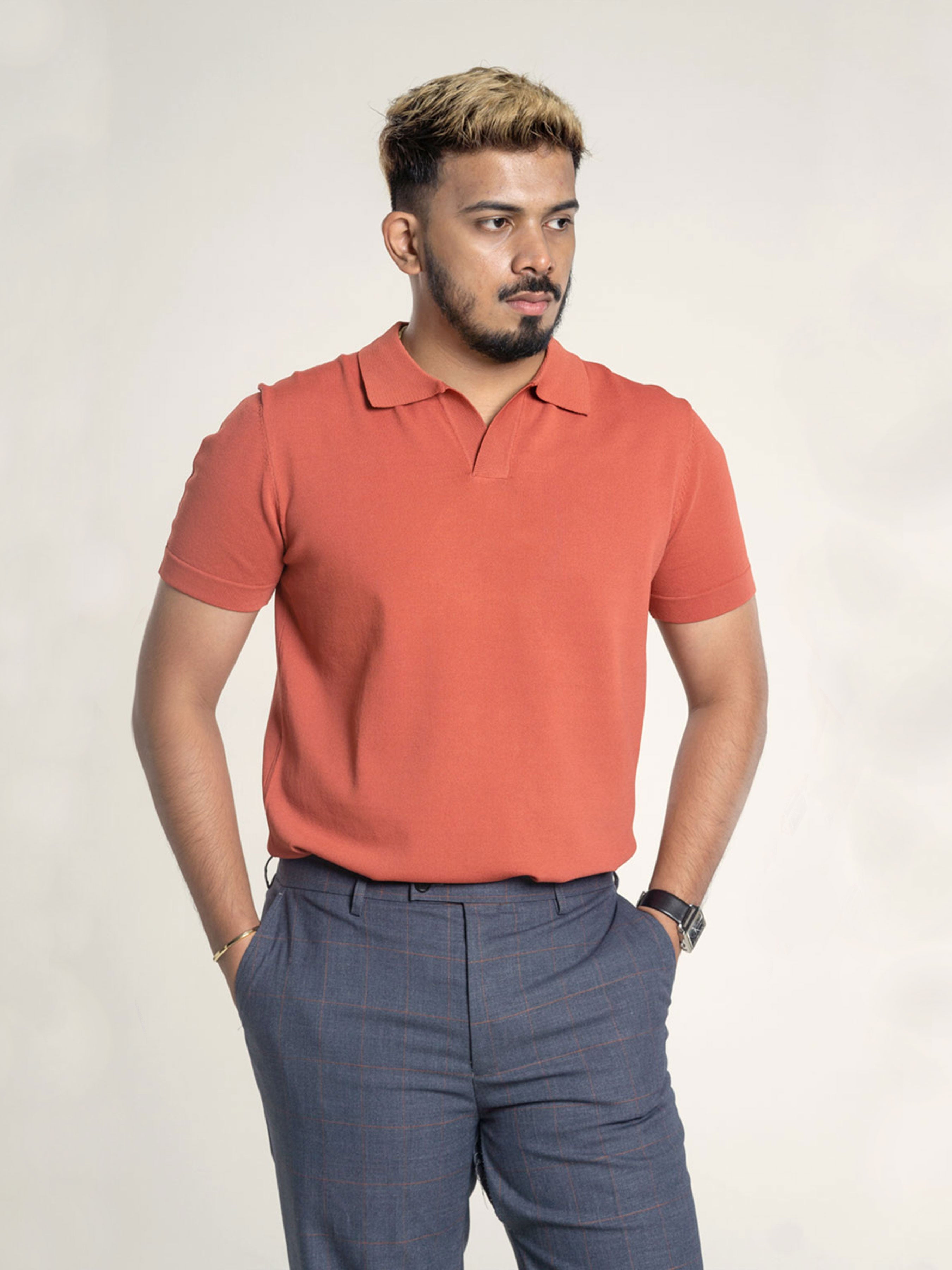 Salmon Pink Knit Polo Tee with Open Collar